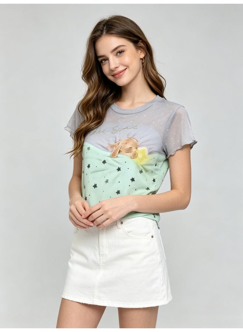 زارا ZARA Women’s Color Block Star & Sleeping Bunny Print Short Sleeve Crew Neck T-Shirt - Image 4