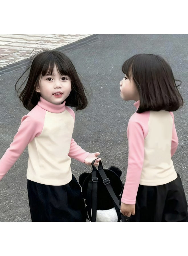 Girls' Thermal Base Layer Top Autumn And Winternew Style For Older Children, Half Turtleneck, Warm Inner Layer, Color-blocking Long Sleeves