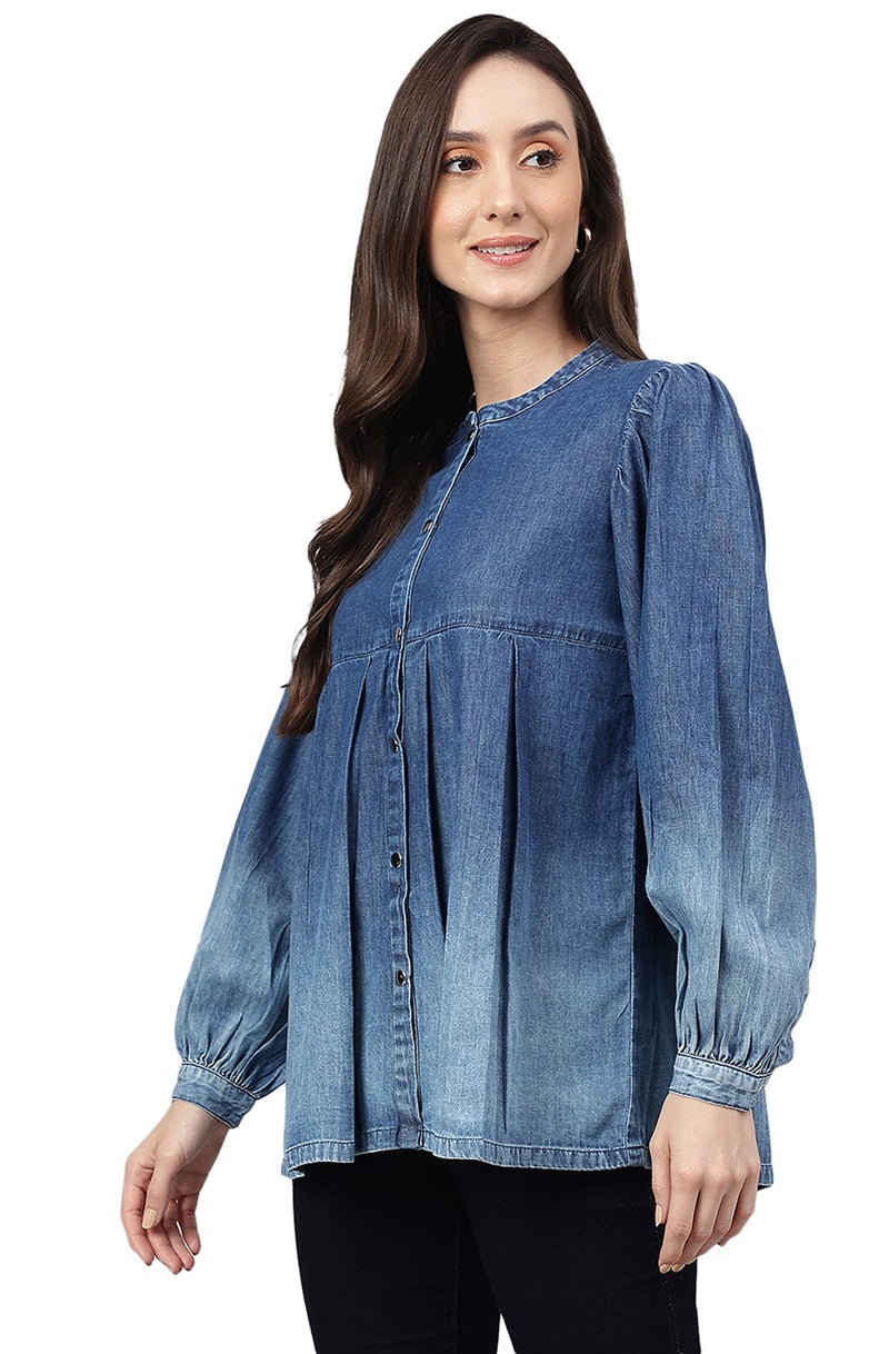Janasya Women's Blue Denim Faded Flared Top(JNE4078-TP-XXXL) - Image 4
