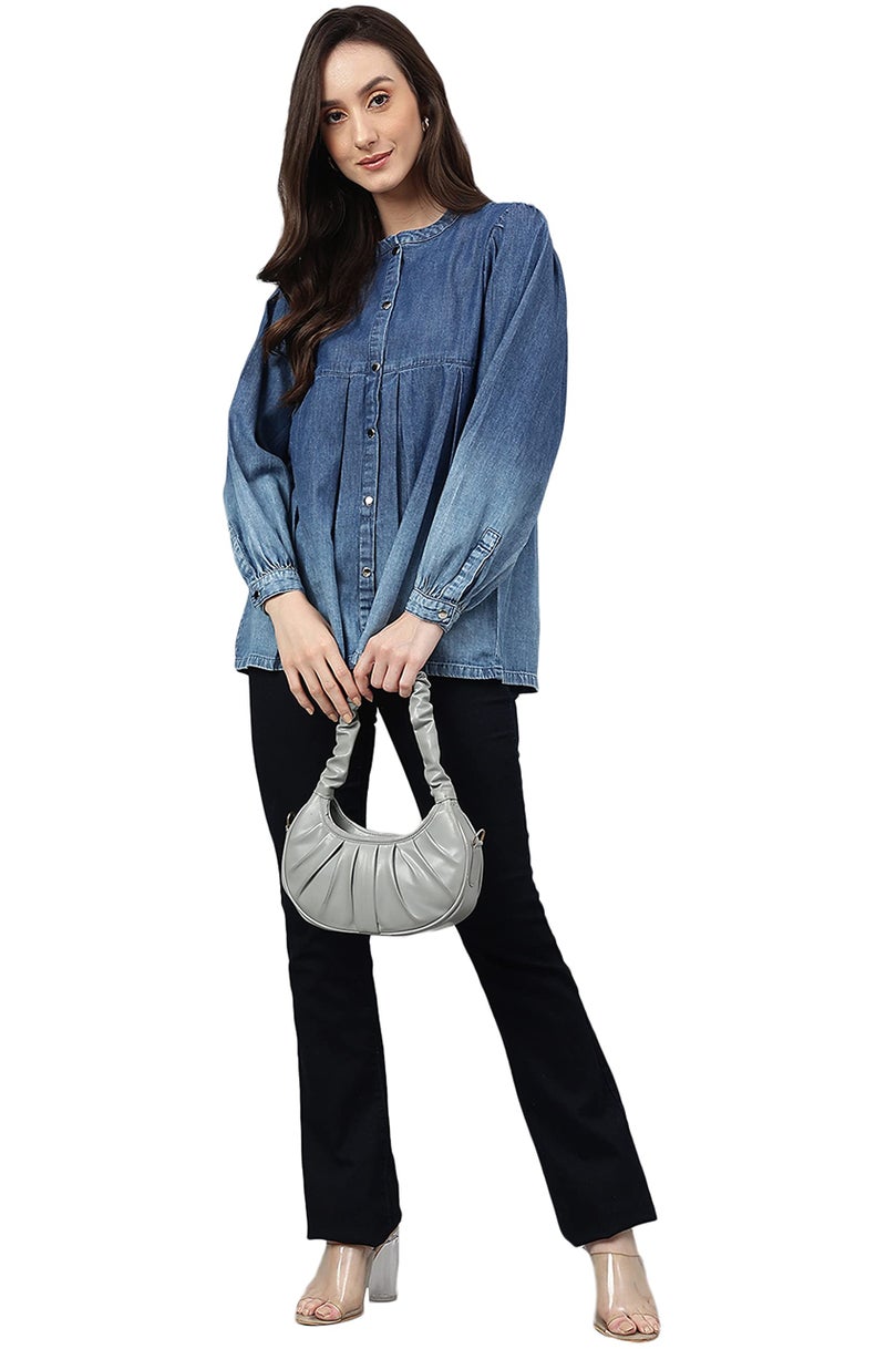 Janasya Women's Blue Denim Faded Flared Top(JNE4078-TP-XXXL) - Image 2