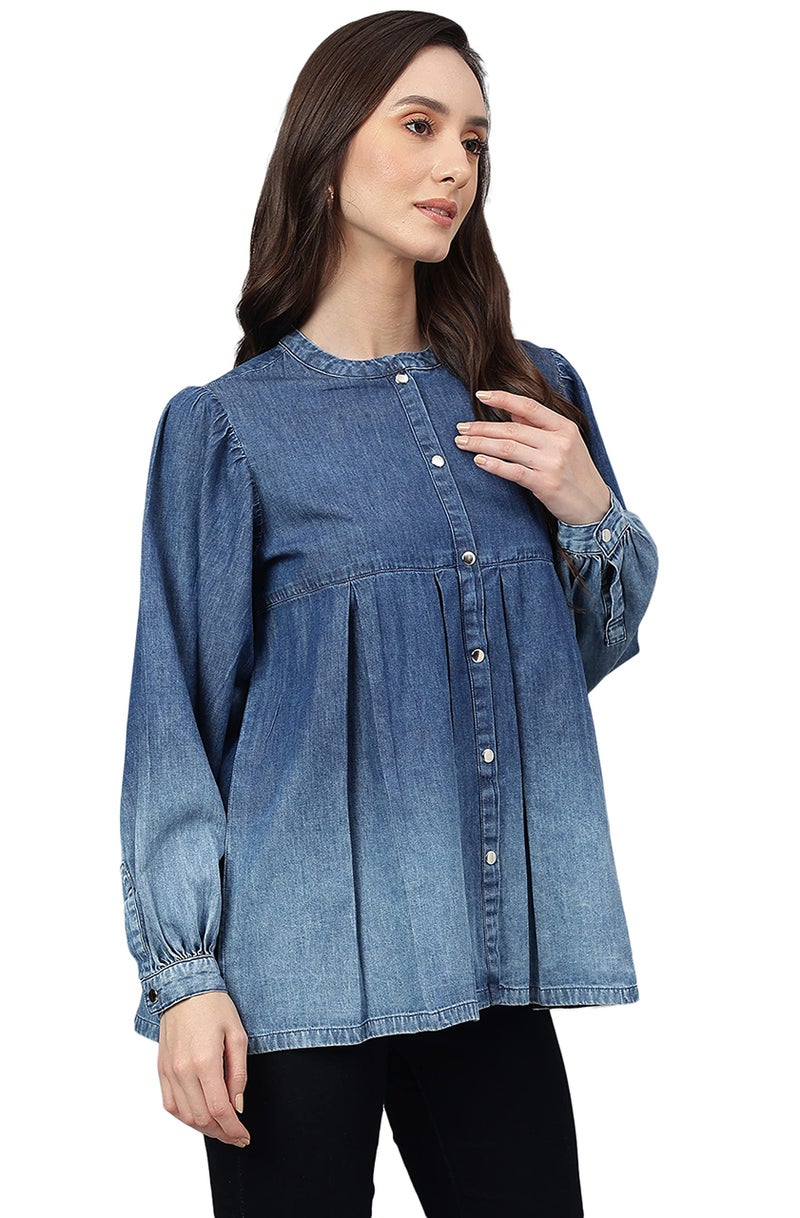 Janasya Women's Blue Denim Faded Flared Top(JNE4078-TP-XXXL) - Image 5