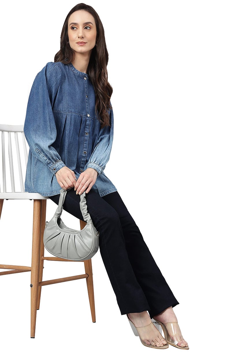 Janasya Women's Blue Denim Faded Flared Top(JNE4078-TP-XXXL) - Image 3