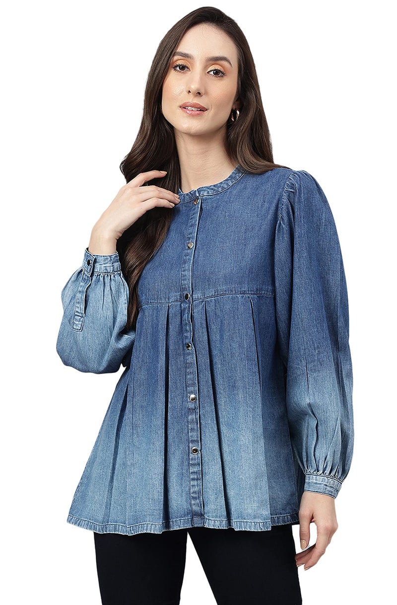 Janasya Women's Blue Denim Faded Flared Top(JNE4078-TP-XXXL) - Image 1