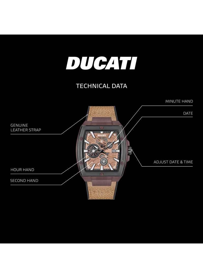 Ducati DT002 Men's Industrial 40mm Watch with Coffee Semi-Transparent Dial, Genuine Leather Strap with Silicone Base
