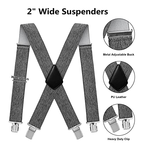 Fasker Mens Suspenders X-Back Wide Adjustable Solid Straight Heavy Duty Clip Suspenders for Men Women, 03 Grey(2 inch wide) - Image 3
