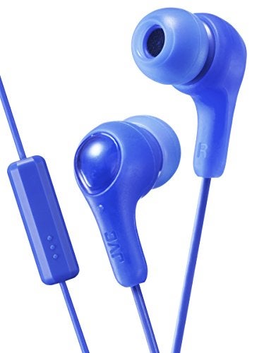 JVC BLUE GUMY In ear earbuds with stay fit ear tips and MIC. Wired 3.3ft colored cord cable with headphone jack. Small, medium, and large ear tip earpieces included. JVC GUMY HAFX7MA - Image 1
