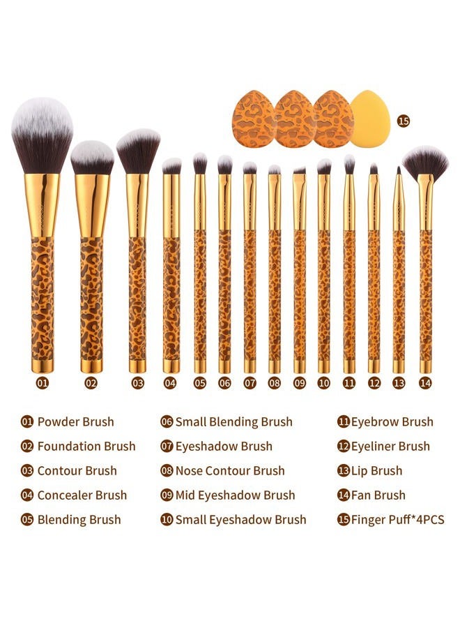 Docolor Makeup Brushes Leopard 14pcs Premium Synthetic Foundation Powder Concealers Eye shadows Blush Makeup Brush Set with 4pcs Makeup Puffs - Image 4