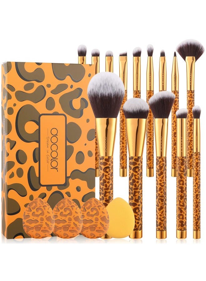 Docolor Makeup Brushes Leopard 14pcs Premium Synthetic Foundation Powder Concealers Eye shadows Blush Makeup Brush Set with 4pcs Makeup Puffs - Image 1
