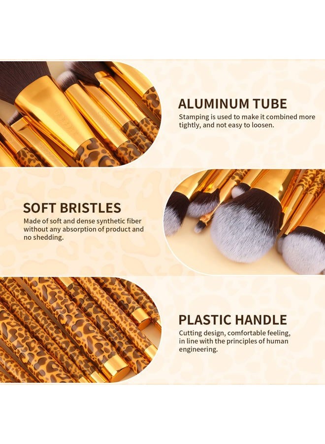 Docolor Makeup Brushes Leopard 14pcs Premium Synthetic Foundation Powder Concealers Eye shadows Blush Makeup Brush Set with 4pcs Makeup Puffs - Image 3