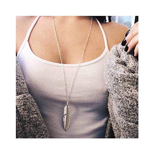 Yalice Boho Feather Pendant Necklace Chain Long Leaf Necklaces Jewelry Y Necklace for Women (Silver) - Image 1