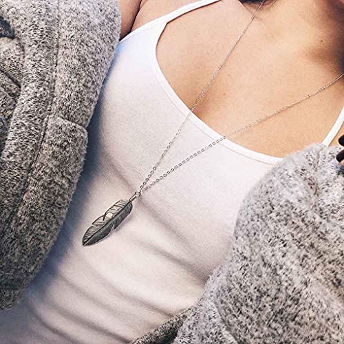 Yalice Boho Feather Pendant Necklace Chain Long Leaf Necklaces Jewelry Y Necklace for Women (Silver) - Image 3