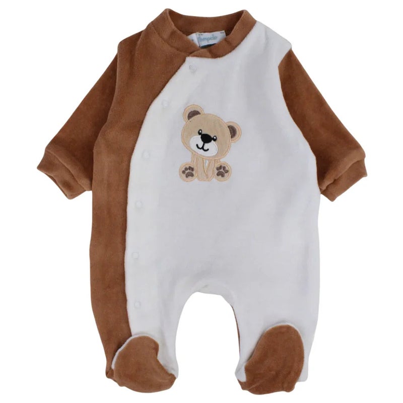 Pompelo Baby Boys Velvet Baby Bodysuit – Brown with a Bear Design - Image 1
