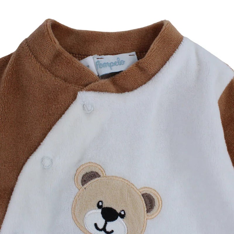 Pompelo Baby Boys Velvet Baby Bodysuit – Brown with a Bear Design - Image 3