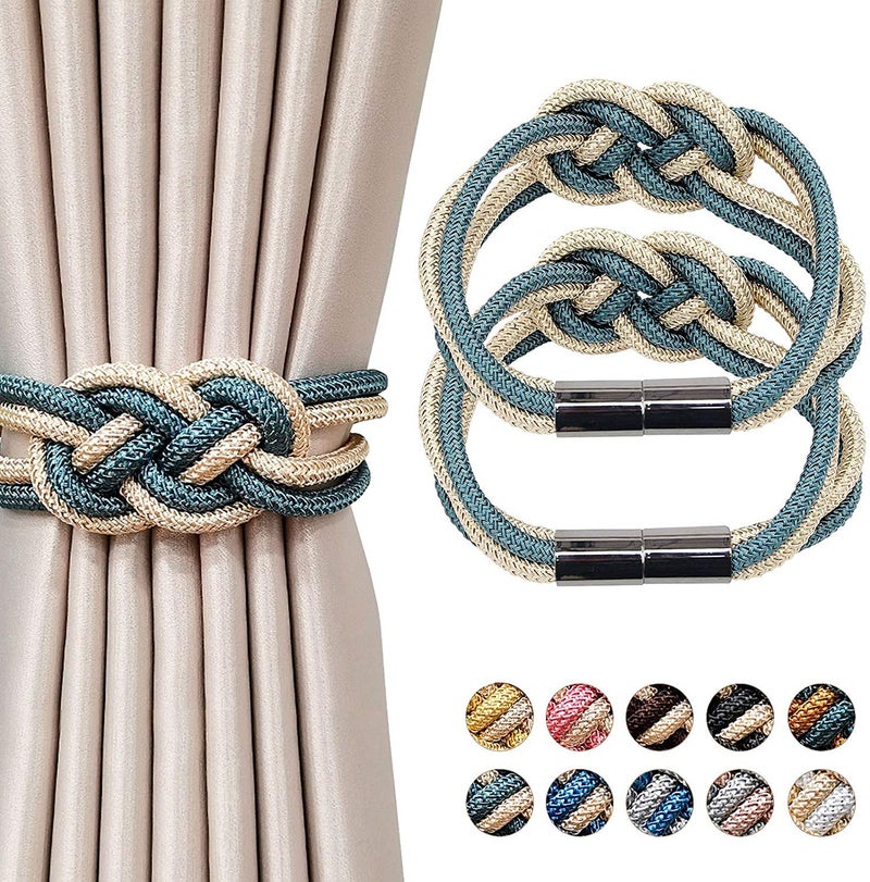 HOME CUBE 1 Pc -Strong Magnetic Curtain Tiebacks Upgrade Nordic Style Drape Tie Backs Double Color Weave Rope Knot Decorative Curtain Holdbacks for Home & Office Window Drapery (Sky Blue and Gold) - Image 1
