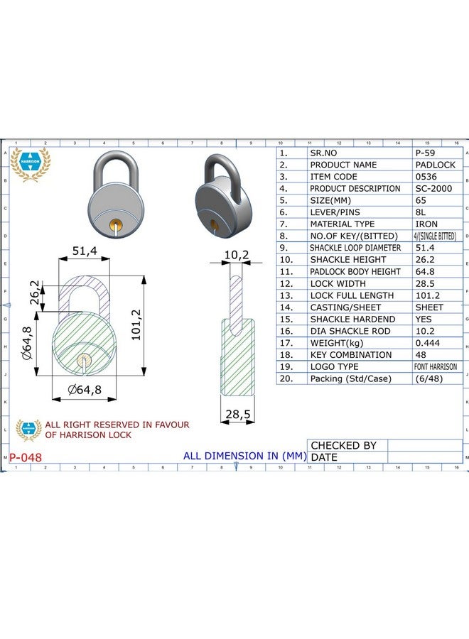 Harrison Padlocks/Round Padlock 65mm 8 Lever with 4 Keys SC-2000-0536 Pack of 1/ Mild Steel Material/Bright Chrome Plated Finish/Door Lock, Shutter Lock, Godown Lock, gate Lock - Image 3