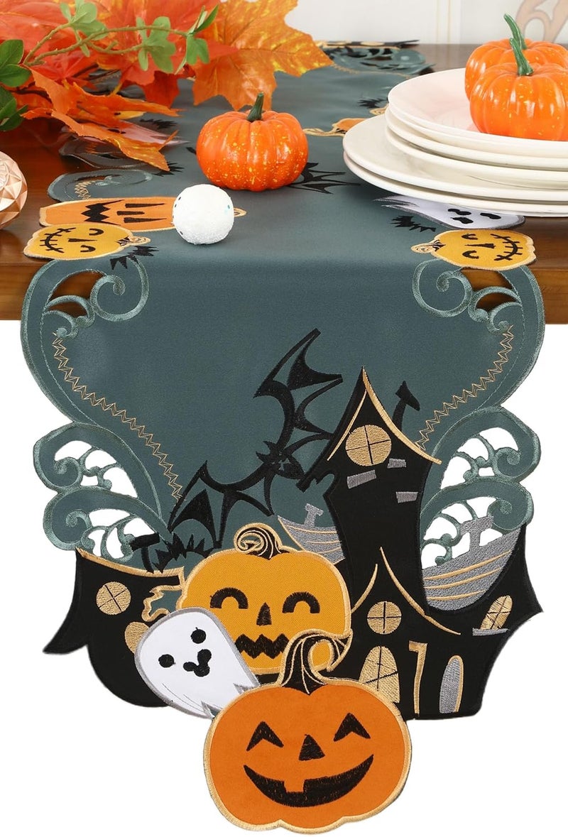 GRANDDECO مفرش طاولة عيد الهالوين 13x54 مزخرف بتطريز اليقطين والخفافيش لزينة طاولة الطعام في الخريف وعيد الشكر نمط 1 - Image 1