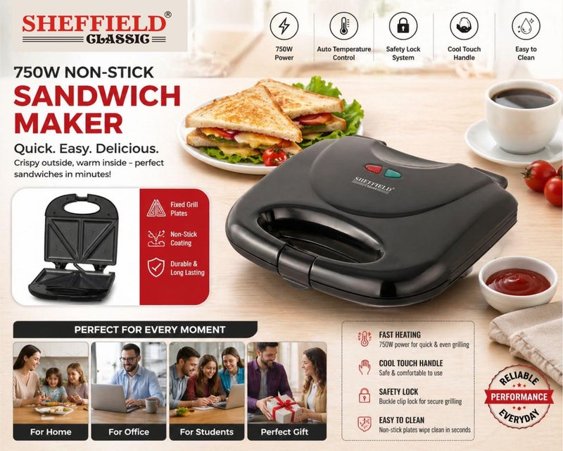 Sheffield Classic 750W Non‑Stick Sandwich Maker | Fast Heating, Fixed Grill Plates | Auto Temperature Control, Cool‑Touch Handle & Safety Lock | Easy to Clean | Perfect for Home, Office & Gifting - Image 5