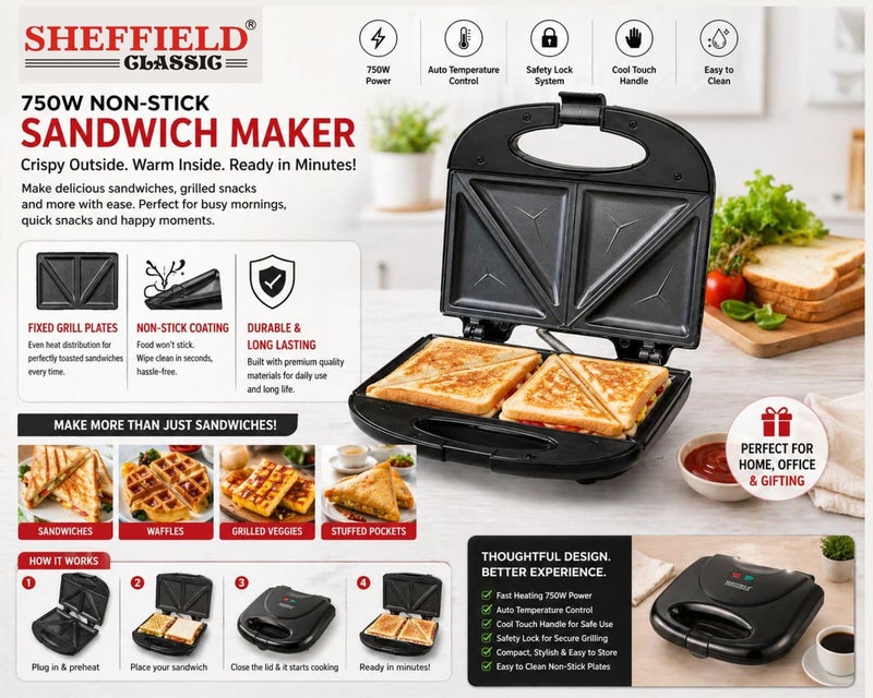 Sheffield Classic 750W Non‑Stick Sandwich Maker | Fast Heating, Fixed Grill Plates | Auto Temperature Control, Cool‑Touch Handle & Safety Lock | Easy to Clean | Perfect for Home, Office & Gifting - Image 3