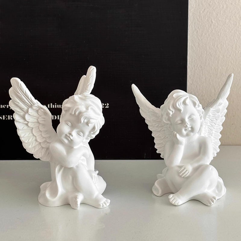 OwMell Set of 2 Cherubs Angels Resin Statue Figurine, Indoor Home Decoration, Adorable Angel Sculpture Memorial Statue 4" - White - Image 2