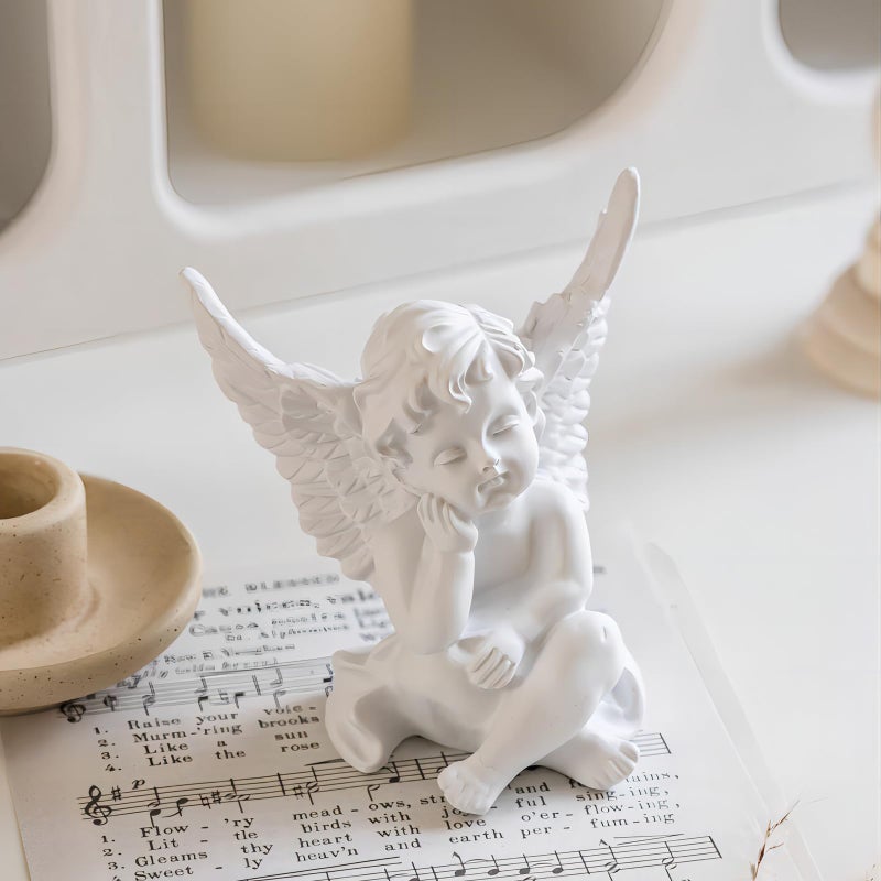 OwMell Set of 2 Cherubs Angels Resin Statue Figurine, Indoor Home Decoration, Adorable Angel Sculpture Memorial Statue 4" - White - Image 4
