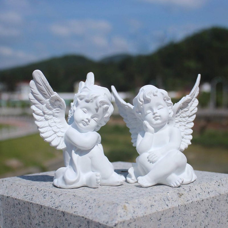 OwMell Set of 2 Cherubs Angels Resin Statue Figurine, Indoor Home Decoration, Adorable Angel Sculpture Memorial Statue 4" - White - Image 1