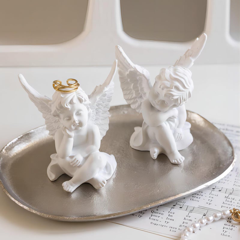 OwMell Set of 2 Cherubs Angels Resin Statue Figurine, Indoor Home Decoration, Adorable Angel Sculpture Memorial Statue 4" - White - Image 3