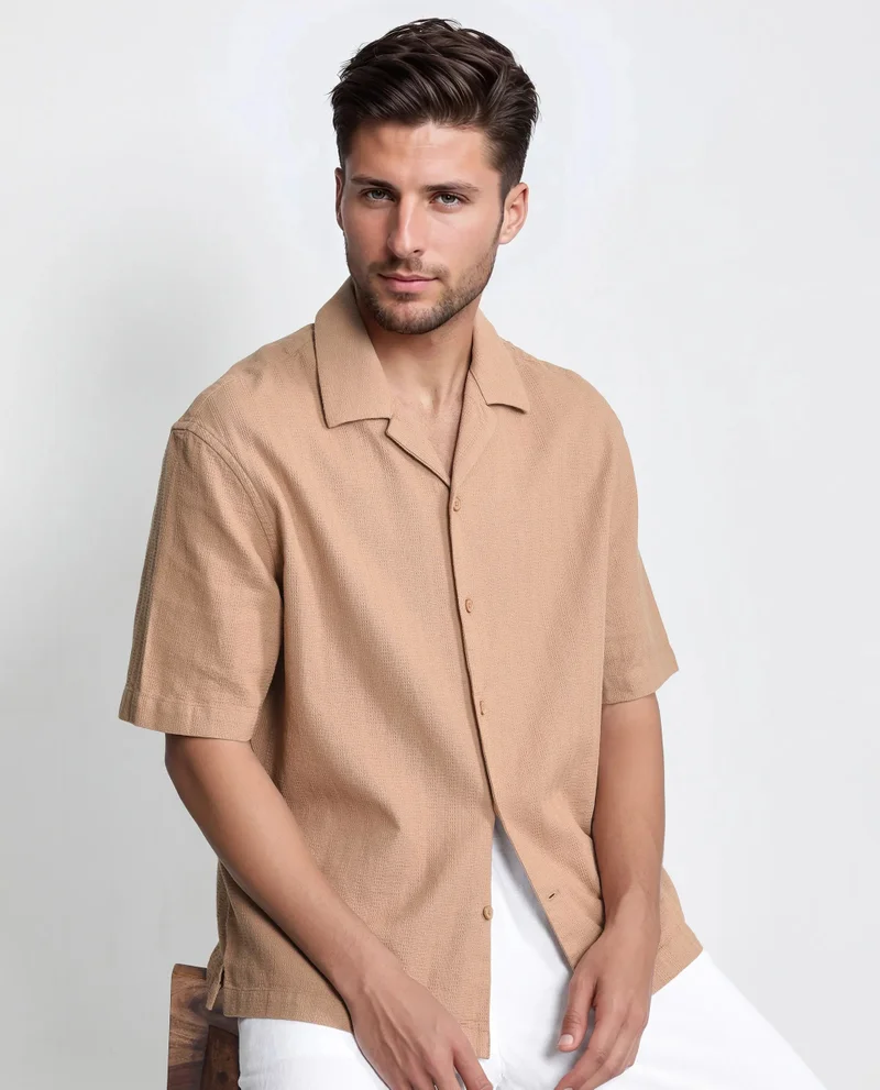 Rare Rabbit Rare Rabbit Men's Astur Brown Cotton Fabric Short Sleeve Cuban Collar Boxy Fit Textured Shirt
