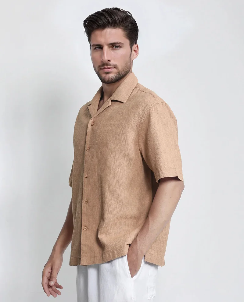 رير رابِت Rare Rabbit Men's Astur Brown Cotton Fabric Short Sleeve Cuban Collar Boxy Fit Textured Shirt