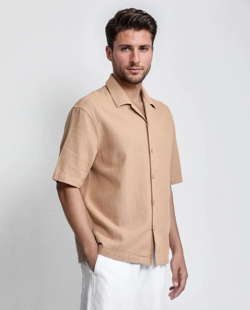 رير رابِت Rare Rabbit Men's Astur Brown Cotton Fabric Short Sleeve Cuban Collar Boxy Fit Textured Shirt
