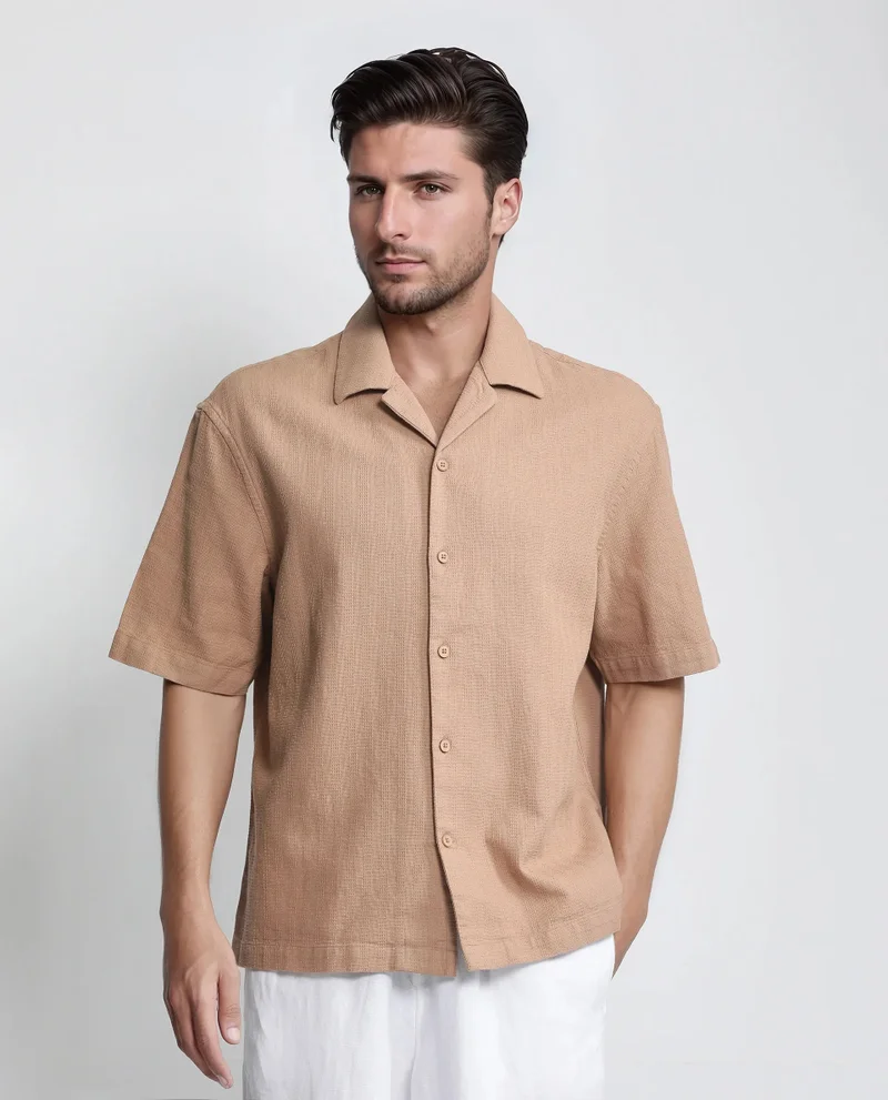رير رابِت Rare Rabbit Men's Astur Brown Cotton Fabric Short Sleeve Cuban Collar Boxy Fit Textured Shirt