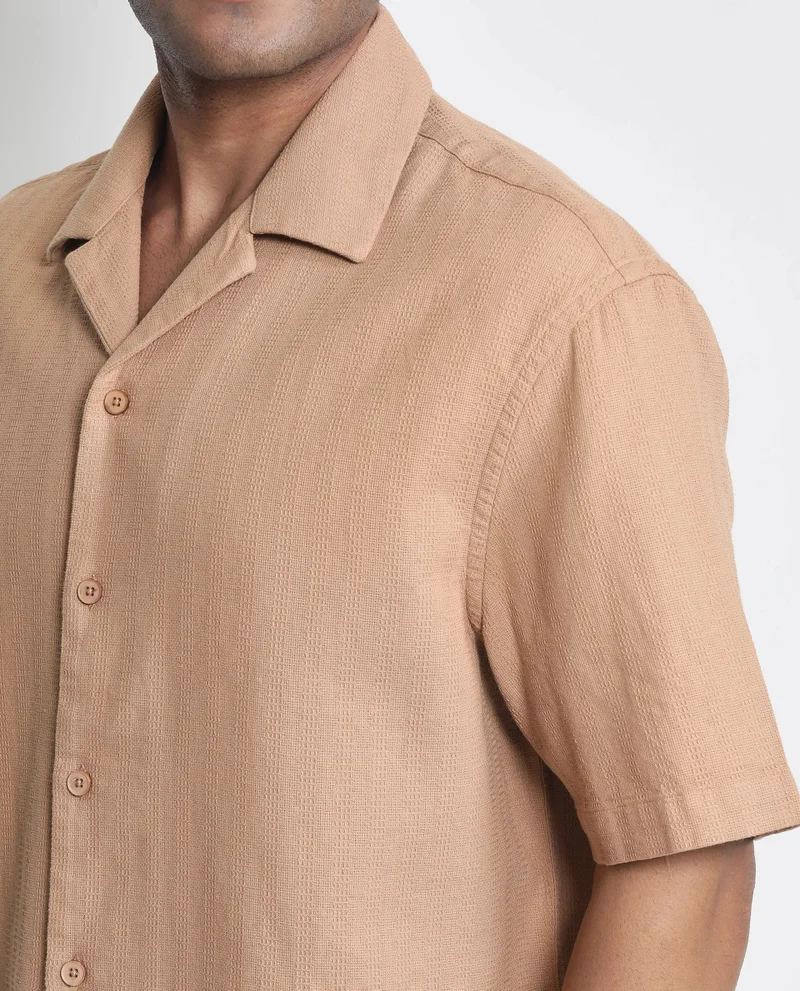 رير رابِت Rare Rabbit Men's Astur Brown Cotton Fabric Short Sleeve Cuban Collar Boxy Fit Textured Shirt