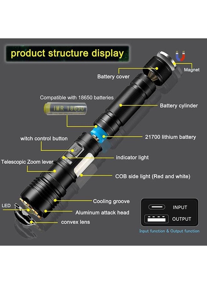 Arabest - LED Flashlights High Lumens Rechargeable, 20000lumens Torch, With Cob Side Light Superbright Tactical Flashlights, Ipx67 Waterproof Zoomable, 7 Dimming Modes for Outdoor Camping Hiking (21700 Battery） - Image 1