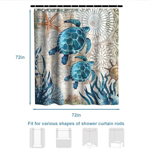 Final Friday Nautical Green Sea Turtles Beach Theme Fabric Shower Curtain Sets Bathroom Blue Ocean Decor with Grommets and Hooks - 72 x 72 Inch Teal - Image 4