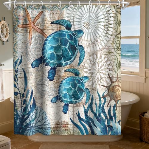 Final Friday Nautical Green Sea Turtles Beach Theme Fabric Shower Curtain Sets Bathroom Blue Ocean Decor with Grommets and Hooks - 72 x 72 Inch Teal - Image 2