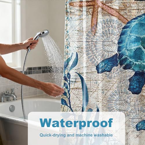 Final Friday Nautical Green Sea Turtles Beach Theme Fabric Shower Curtain Sets Bathroom Blue Ocean Decor with Grommets and Hooks - 72 x 72 Inch Teal - Image 5
