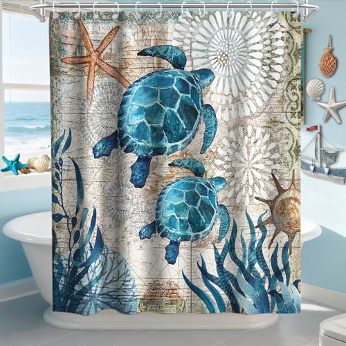 Final Friday Nautical Green Sea Turtles Beach Theme Fabric Shower Curtain Sets Bathroom Blue Ocean Decor with Grommets and Hooks - 72 x 72 Inch Teal - Image 3