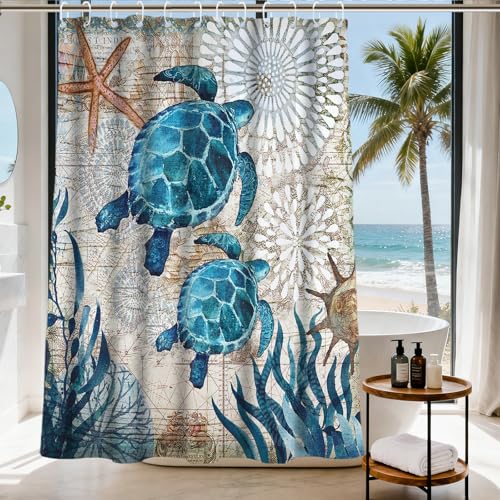 Final Friday Nautical Green Sea Turtles Beach Theme Fabric Shower Curtain Sets Bathroom Blue Ocean Decor with Grommets and Hooks - 72 x 72 Inch Teal - Image 1