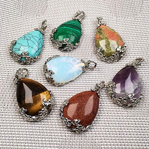 LE SKY Natural Stone Pendants Waterdrop Shape Mixed Crystal Agate Alloy Base Pendant Charms for Jewelry Making DIY Random 5 Pcs - Image 2