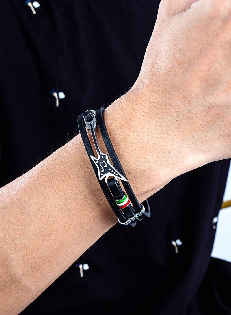 Captaintech Leather Cuff Bracelet, 8.3inch Adjustable Handmade Black Multi-Layer Cowhide Woven Rope Guitar Bangle, Men's Tribal Alloy Silver Beads Braided Leather Bracelet Bangle - Image 2