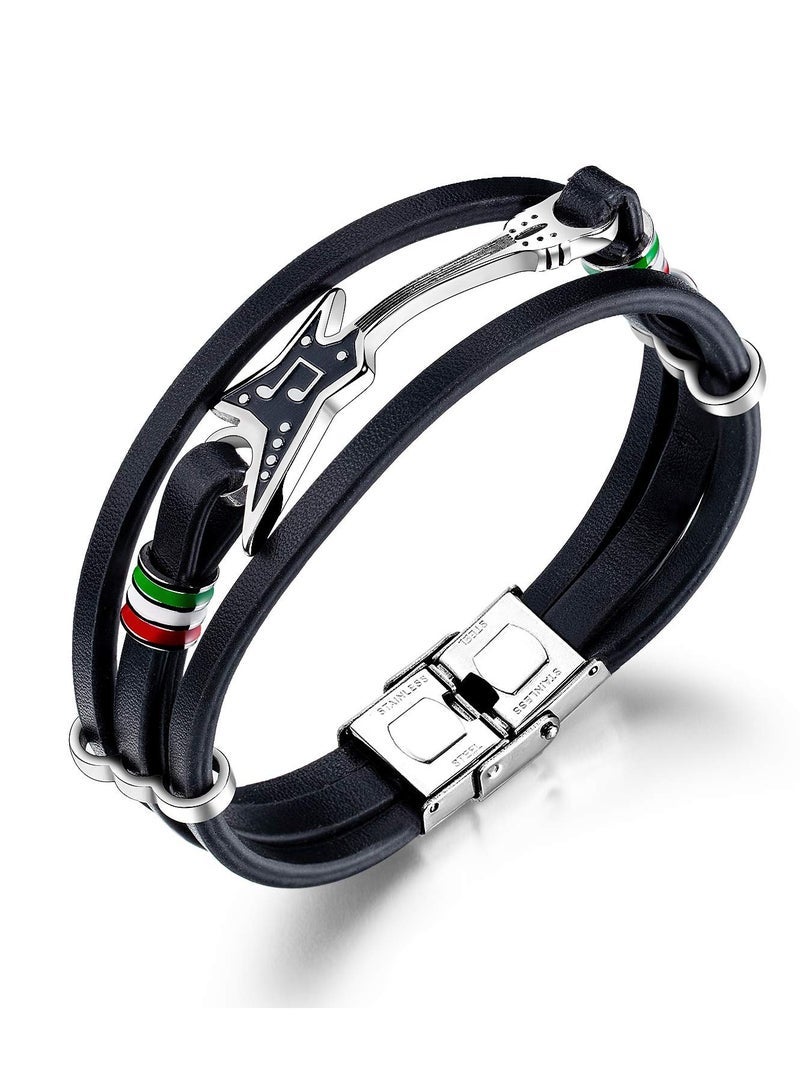 Captaintech Leather Cuff Bracelet, 8.3inch Adjustable Handmade Black Multi-Layer Cowhide Woven Rope Guitar Bangle, Men's Tribal Alloy Silver Beads Braided Leather Bracelet Bangle - Image 1