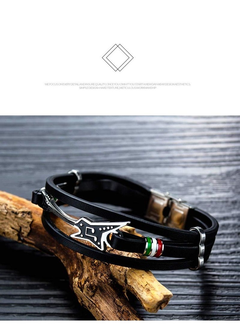 Captaintech Leather Cuff Bracelet, 8.3inch Adjustable Handmade Black Multi-Layer Cowhide Woven Rope Guitar Bangle, Men's Tribal Alloy Silver Beads Braided Leather Bracelet Bangle - Image 3