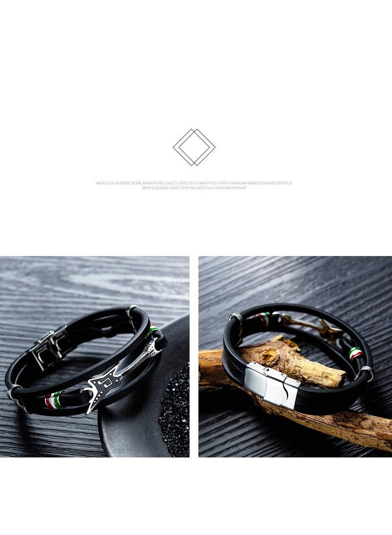Captaintech Leather Cuff Bracelet, 8.3inch Adjustable Handmade Black Multi-Layer Cowhide Woven Rope Guitar Bangle, Men's Tribal Alloy Silver Beads Braided Leather Bracelet Bangle - Image 5