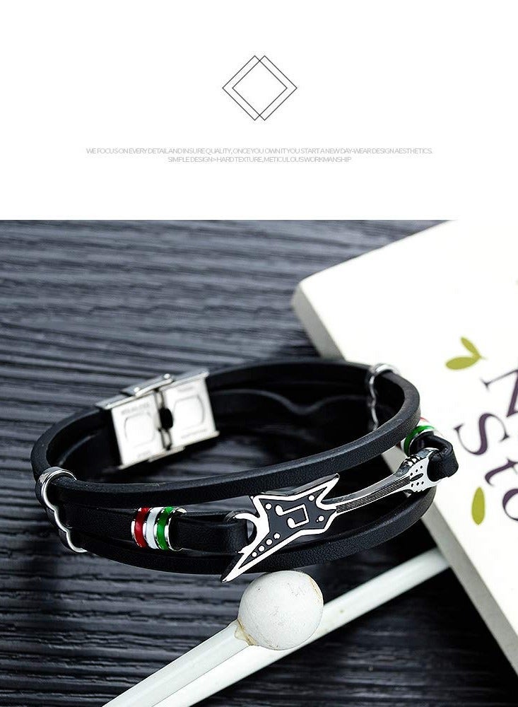 Captaintech Leather Cuff Bracelet, 8.3inch Adjustable Handmade Black Multi-Layer Cowhide Woven Rope Guitar Bangle, Men's Tribal Alloy Silver Beads Braided Leather Bracelet Bangle - Image 4