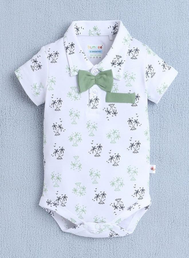 BUMZEE Baby Boys Cotton Bodysuit & Short Set With Bow Suspender & Cap White & Green - 9-12 Months - Image 2