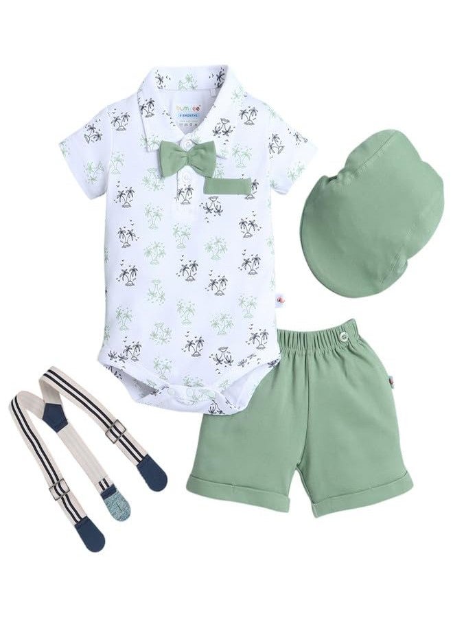 BUMZEE Baby Boys Cotton Bodysuit & Short Set With Bow Suspender & Cap White & Green - 9-12 Months - Image 1