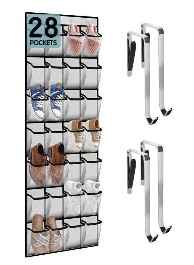 Kotkn 28 Compartment Breathable Mesh Pocket Over the Door Hanging Shoe Organizer, Closet Shoe Organizer, Large Men's and Women's Shoe Organizer, Hanging Over the Door Shoe Organizer (White) - Image 1