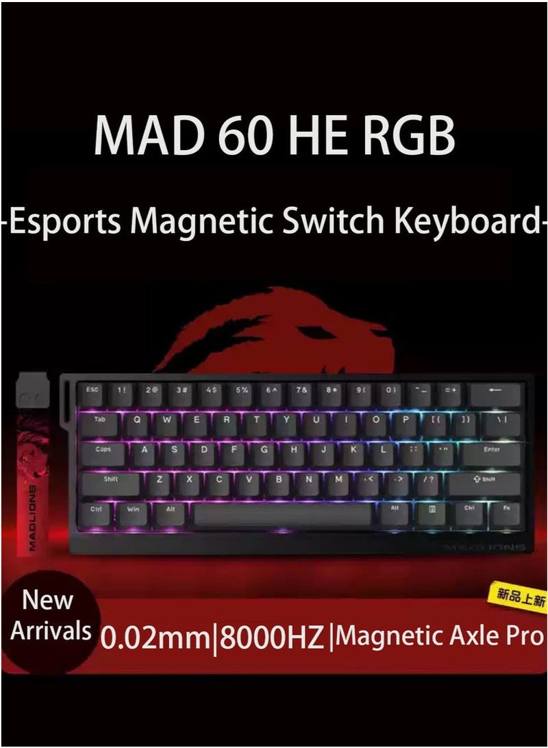 مادليونس لوحة مفاتيح ألعاب ميكانيكية سلكية MAD 60 HE RGB 60% بمفتاح مغناطيسي مع تشغيل قابل للتعديل، معدل استطلاع 8000 هرتز، وضع تشغيل سريع، مفاتيح تأثير هول، لأجهزة الكمبيوتر الشخصية/ماك، لون أسود - Image 1