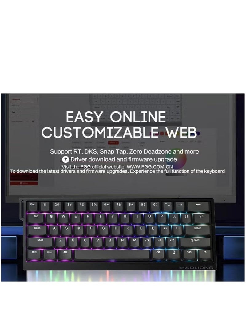 مادليونس لوحة مفاتيح ألعاب ميكانيكية سلكية MAD 60 HE RGB 60% بمفتاح مغناطيسي مع تشغيل قابل للتعديل، معدل استطلاع 8000 هرتز، وضع تشغيل سريع، مفاتيح تأثير هول، لأجهزة الكمبيوتر الشخصية/ماك، لون أسود - Image 4