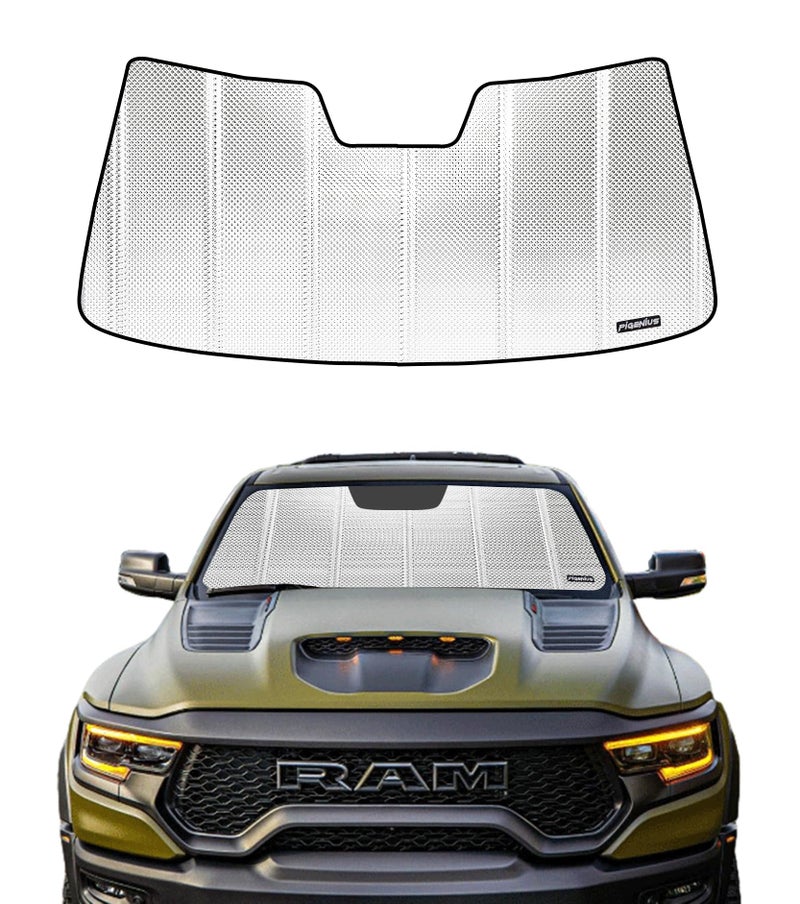 Pigenius Windshield Sun Shade for Ram 1500 20092018 Ram 1500 Classic 20192024 Reflective Aluminum Film Front Window Sunshade BLAZBLOCK