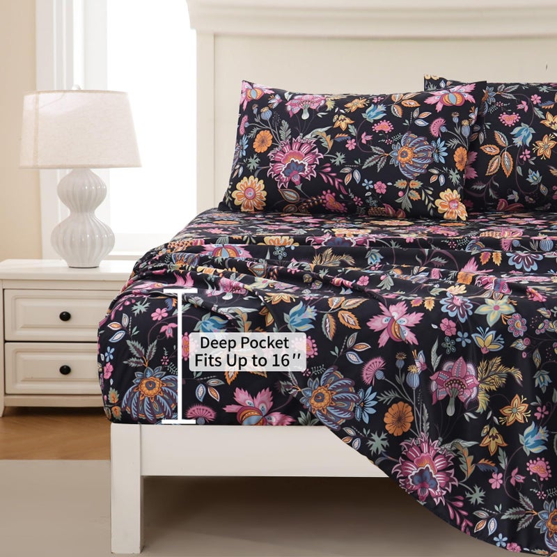 MEISHANG Queen Sheet Set - Ultra Soft Floral Sheets Brushed Microfiber,1800 Thread Count Floral Bed Sheets Oeko-Tex Certificated - Black Yellow - Image 2
